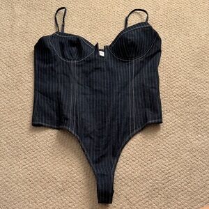 Revolve Lovers & Friends Pinstripe Dark Denim Body Suit